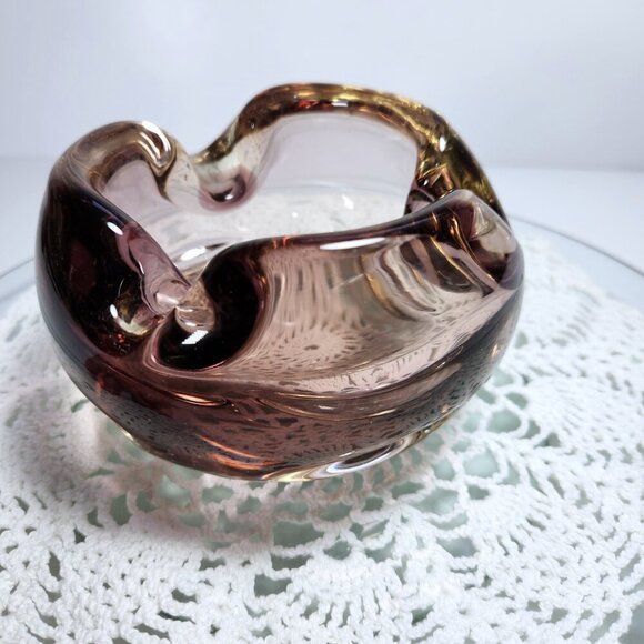 Art Glass Bowl Purple and Amber Rolled Edge Mid Century Home Decor - Picture 3 of 11